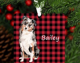 Australian Shepherd Ornament, Personalized Australian Shepherd Ornament, Red Black Plaid, Dog Lover Gift
