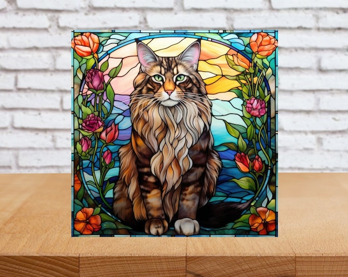 Maine Coon Cat Wall Art, Maine Coon Cat Decorative Sign, Cat Sign, Cat Home Decor, Cat Art Gift, Cat Wall Decor, Faux Stained-Glass Cat Art