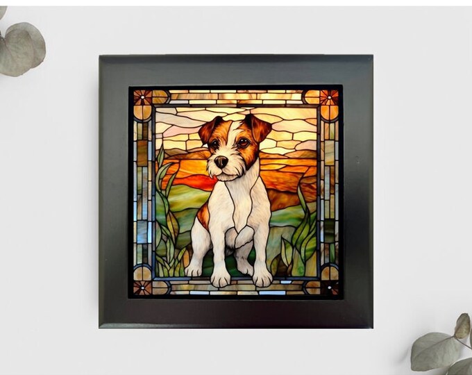 Jack Russell Jewelry or Keepsake Box, Jack Russell Memory Box, Jack Russell Pet Loss Gift, Faux Stained-Glass Style