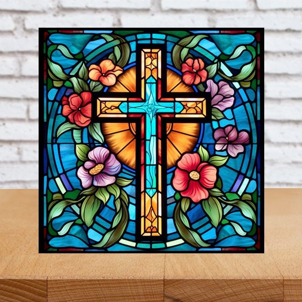 Flower Cross Wall Art, Cross Decorative Wood Art, Religious Cross Sign, Cross Home Decor, Religious Cross Gift, Faux Stained-Glass Art