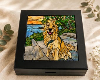 Custom Faux Stained Glass Pet Keepsake Box | Personalized Dog or Cat Memory Box | Pet Memorial Gift | Custom Pet Photo Wood Keepsake Box