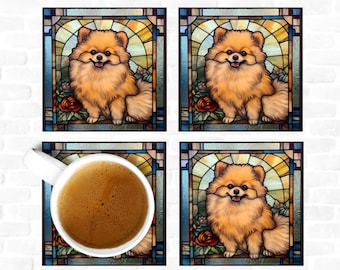Pomeranian Coasters, Pomeranian Coaster Set, Pomeranian Coaster Gift, Pomeranian Drink Coasters, Faux Stained-Glass Pomeranian Coasters