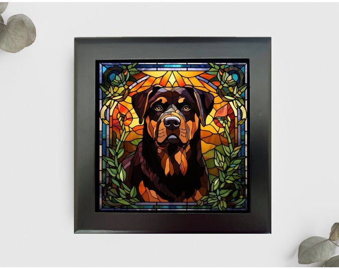 Rottweiler Jewelry or Keepsake Box, Rottweiler Memory Box, Rottweiler Pet Loss Gift, Rottweiler Decorative Box, Faux Stained-Glass Style Box