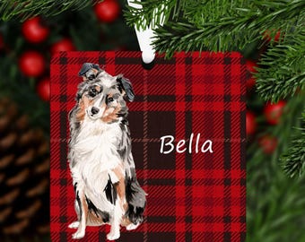 Australian Shepherd Ornament, Personalized Australian Shepherd Ornament, Aussie Ornament, Red Black Plaid, Dog Lover Gift