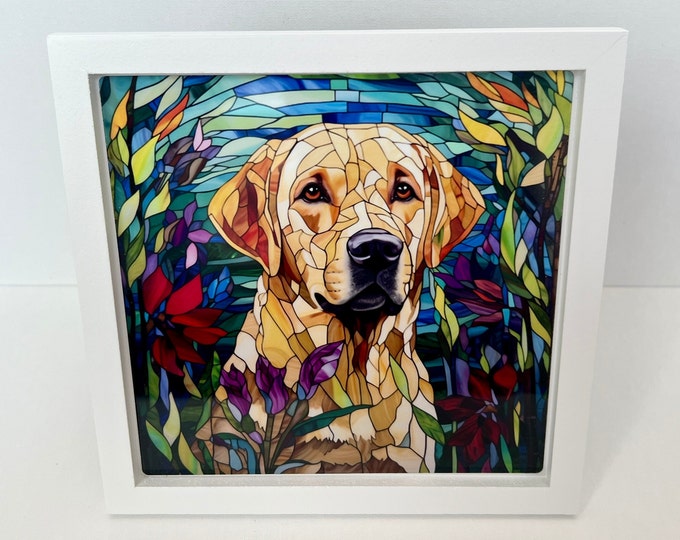 Framed Yellow Lab Wall Art, Lab Wall Decor, Yellow Lab Sign, Yellow Labrador Wall Art Decor, Lab Art Gift, Faux Stained-Glass Lab Artwork