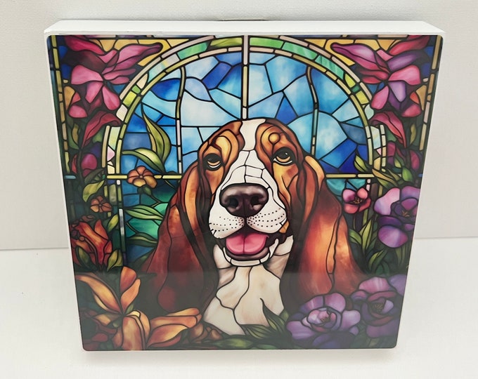 Basset Hound Art on Wood Block, Basset Hound Decor, Basset Hound Gift, Basset Hound Faux Stained Glass Art, Basset Hound Art Gift