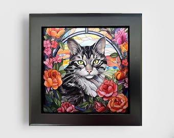 May include: A square framed wall art piece featuring a stained glass style illustration of a grey and white tabby cat surrounded by vibrant orange, pink, and red roses. The cat has yellow eyes and is set against a circular blue and yellow background.