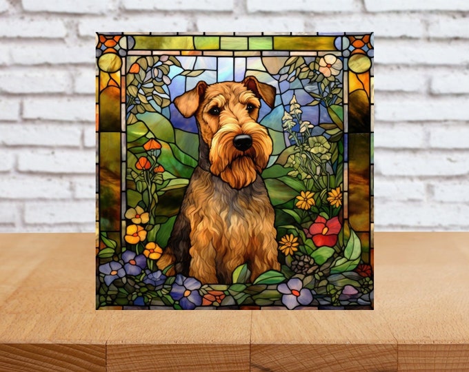 Airedale Terrier Wall Art, Airedale Decorative Art, Airedale Sign, Airedale Home Decor, Airedale Gift, Faux Stained-Glass Airedale Art
