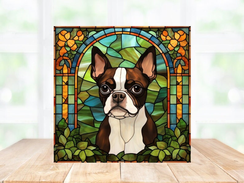 Boston Terrier Wall Art, Brown Boston Terrier Decorative Art, Boston Terrier Sign, Boston Terrier Home Decor, Faux Stained-Glass Art image 7