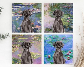 Black Labrador Monet Waterlilies Coaster, Black Lab Coasters, Black Lab Gift, Black Lab Coasters, Black Lab Coaster Set