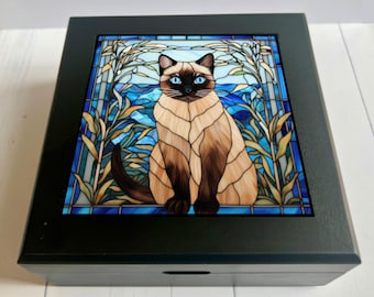 Siamese Cat Keepsake Box, Faux Stained Glass Jewelry Box, Cat Lover Gift, Pet Memorial Gift