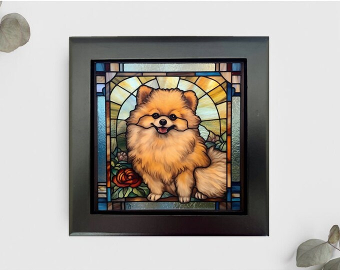 Pomeranian Jewelry or Keepsake Box, Pomeranian Memory Box, Pomeranian Pet Loss Gift, Faux Stained-Glass Style Box