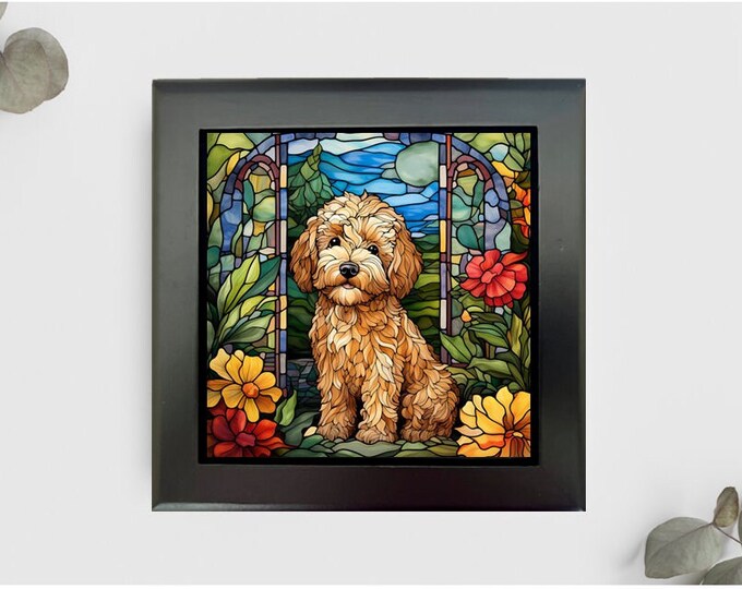 Mini Goldendoodle Jewelry or Keepsake Box, Mini Goldendoodle Memory Box, Mini Goldendoodle Pet Loss Gift, Faux Stained-Glass Style Box
