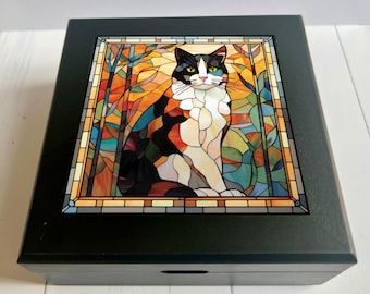 Calico Cat Keepsake Box, Faux Stained Glass Jewelry Box, Cat Lover Gift, Pet Memorial Gift