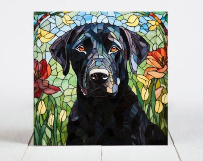 Black Labrador Ceramic Tile, Black Lab Decorative Tile, Black Labrador Gift, Black Labrador Coaster, Faux Stained-Glass Dog Art