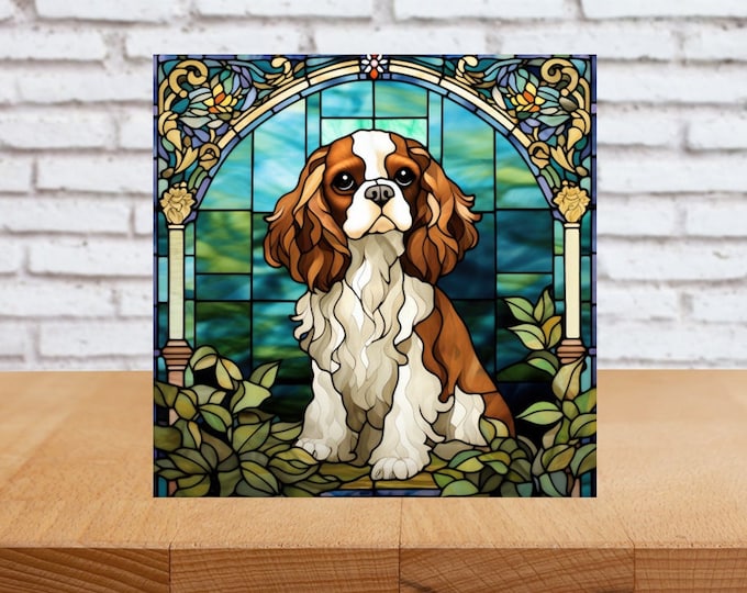 Cavalier King Charles Spaniel Wall Art, King Charles Spaniel Decorative Art, Cavalier King Charles Spaniel Decor, Faux Stained-Glass Art
