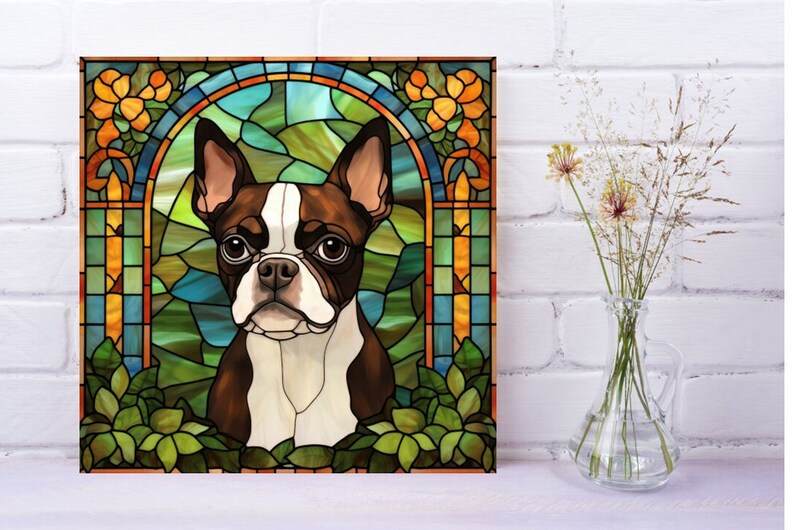 Boston Terrier Wall Art, Brown Boston Terrier Decorative Art, Boston Terrier Sign, Boston Terrier Home Decor, Faux Stained-Glass Art image 8