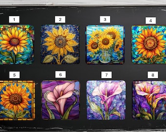 Floral Magnets, Flower Magnets, Sunflower Magnets, Calla Lily Magnets, Rose Magnets, Tulip Magnets, Faux Stained-Glass Magnets