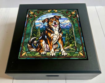 Personalized Dog Keepsake Box, Custom Dog Portrait from Photo, Faux Stained Glass Dog Memorial Gift, Dog Memory Box, Pet Loss Gift