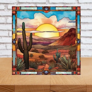 Desert Landscape Wall Art, Desert Landscape Decorative Wood Art, Desert Landscape Sign, Cactus Decor, Desert Art, Faux Stained-Glass Art
