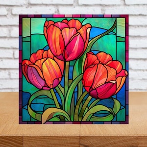 Red Tulip Wall Art, Tulip Decorative Art, Floral Sign, Tulip Home Decor, Floral Art Gift, Tulip Art, Floral Wall Art, Faux Stained-Glass Art