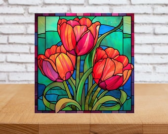 Red Tulip Wall Art, Tulip Decorative Art, Floral Sign, Tulip Home Decor, Floral Art Gift, Tulip Art, Floral Wall Art, Faux Stained-Glass Art