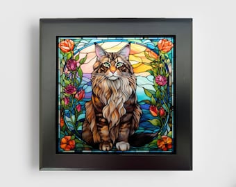 May include: A square wall art piece in a black frame featuring a stained glass style illustration of a brown tabby cat sitting centered. The cat is surrounded by orange and pink roses against a blue and yellow sky background within an oval border.