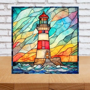 Lighthouse Wall Art, Lighthouse Decorative Wood Art, Lighthouse Sign, Lighthouse Scene Art, Faux Stained-Glass Lighthouse Art