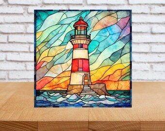 May include: A square stained glass panel depicting a lighthouse. The lighthouse is red and white with a red roof, set against a colorful sky and ocean. The artwork is framed with a dark border.