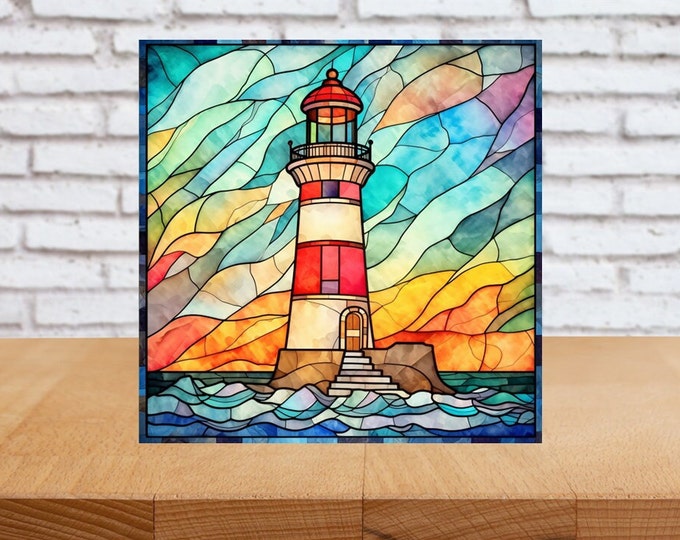 Lighthouse Wall Art, Lighthouse Decorative Wood Art, Lighthouse Sign, Lighthouse Scene Art, Faux Stained-Glass Lighthouse Art