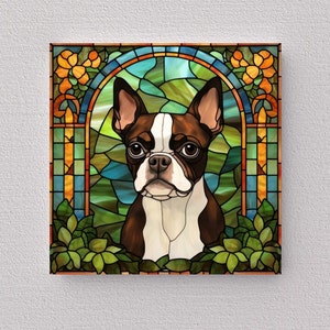 Boston Terrier Wall Art, Brown Boston Terrier Decorative Art, Boston Terrier Sign, Boston Terrier Home Decor, Faux Stained-Glass Art image 2