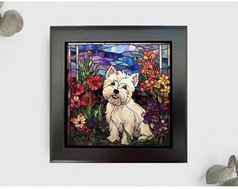 Westie Jewelry or Keepsake Box, Westie Memory Box, Westie Pet Loss Gift, Westie Box, Faux Stained-Glass Style Box