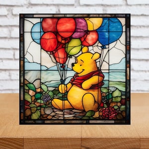 Winnie Pooh Bear Wall Art, Winnie Bear Nursery Art, Winnie Pooh Nursery Decor, Nursery Wall Art, Children&#39;s Wall Art, Faux Stained-Glass Art