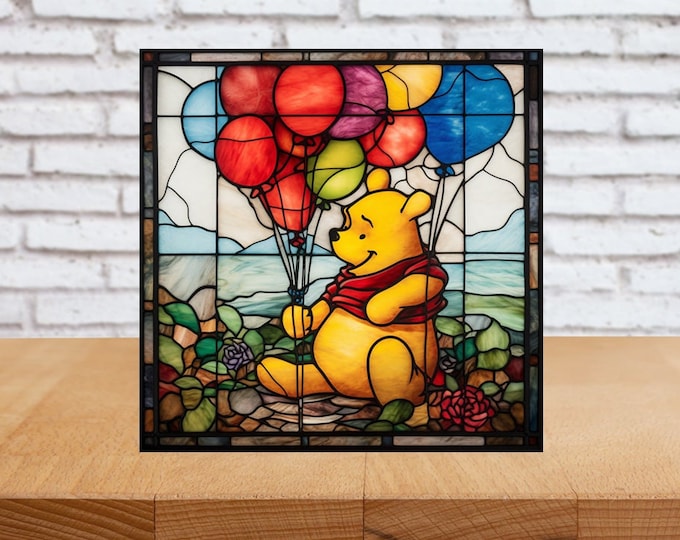 Winnie Pooh Bear Wall Art, Winnie Bear Nursery Art, Winnie Pooh Nursery Decor, Nursery Wall Art, Children's Wall Art, Faux Stained-Glass Art