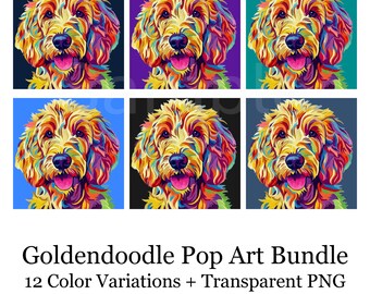 Goldendoodle PNG Bundle, Pop Art Dog Clipart, 12 Color Variations + Transparent Background, Sublimation Design, Commercial Use