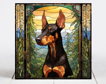 Doberman Ceramic Tile, Doberman Decorative Tile, Doberman Gift, Doberman Coaster, Faux Stained-Glass Dog Art