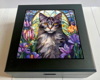 Tabby Cat Keepsake Box, Faux Stained Glass Jewelry Box, Cat Lover Gift, Pet Memorial Gift