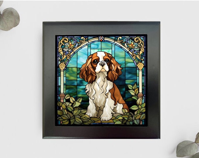 Cavalier King Charles Jewelry Keepsake Box, Cavalier Memory Box, Cavalier Decorative Box, Pet Loss Gift, Cavalier Gift, Faux Stained Glass