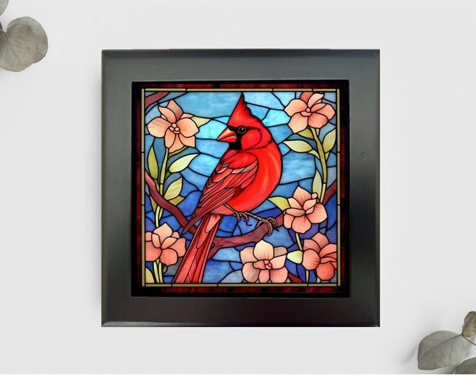 Cardinal Jewelry or Keepsake Box, Cardinal Memory Box, Cardinal Decorative Box, Cardinal Gift, Cardinal Home Decor, Bird Faux Stained Glass
