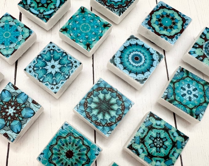 6 Teal Aquamarine Marble Mandala Magnets, Square Mandala magnet set, Mandala Magnets, Mandala Refrigerator Magnets, Mandala Party Favors