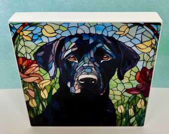 Black Lab Art on Wood Block, Black Lab Decor, Black Labrador Gift, Black Lab Faux Stained Glass Art, Labrador Art Gift