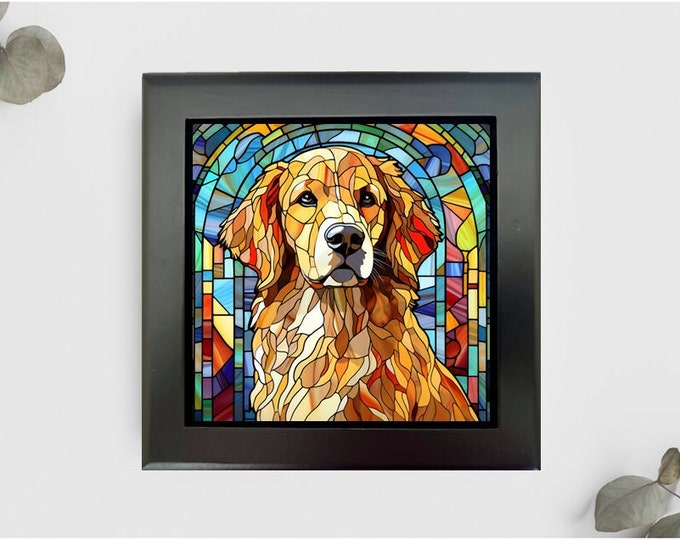 Golden Retriever Jewelry or Keepsake Box, Golden Retriever Memory Box, Golden Retriever Gift, Retriever Pet Loss Gift, Faux Stained-Glass