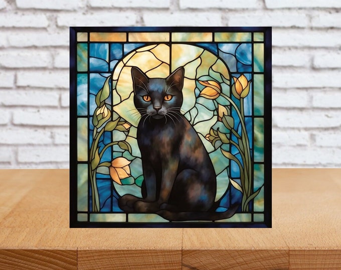 Black Cat Wall Art, Cat Decorative Wood Sign, Cat Sign, Cat Home Decor, Cat Gift, Cat Art, Black Cat Wall Decor, Faux Stained-Glass Cat Art