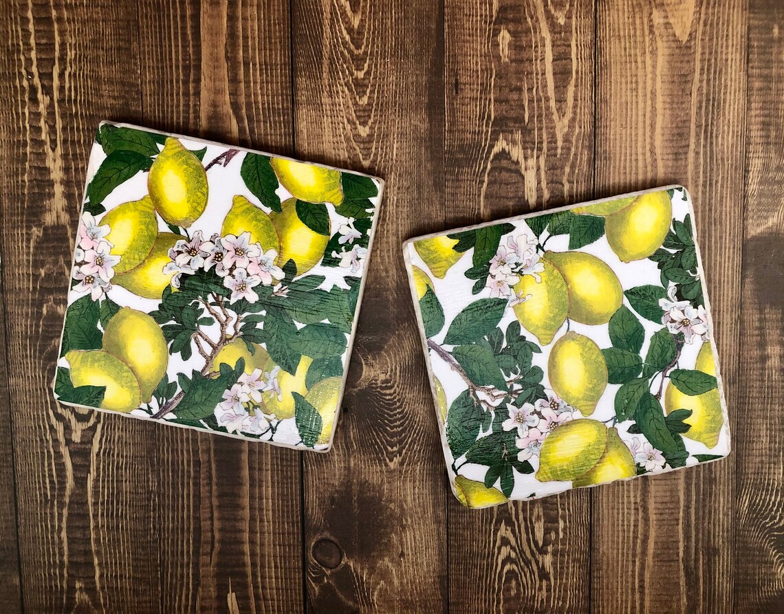 Lemon Floral Marble Coasters Lemon Floral Coasters Lemon Etsy