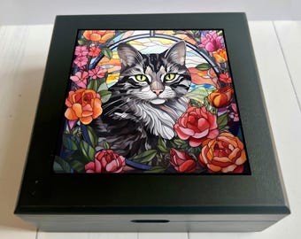 Tabby Cat Keepsake Box, Faux Stained Glass Jewelry Box, Cat Lover Gift, Pet Memorial Gift