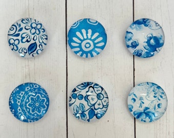 4-12 Blue and White Floral Glass Magnet Set, Floral Magnets, Floral Magnets, Floral Refrigerator Magnets, Floral Party Favors