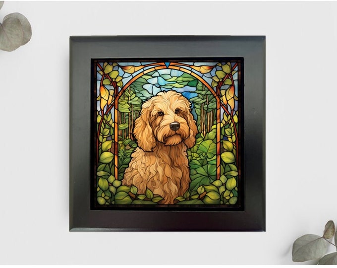 Goldendoodle Jewelry or Keepsake Box, Goldendoodle Memory Box, Goldendoodle Gift, Goldendoodle Pet Loss Gift, Faux Stained-Glass