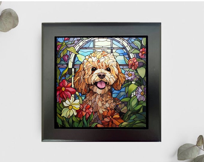 Cavapoo Jewelry or Keepsake Box, Cavapoo Memory Box, Cavapoo Decorative Box, Cavapoo Pet Loss Gift, Cavapoo Gift, Faux Stained Glass