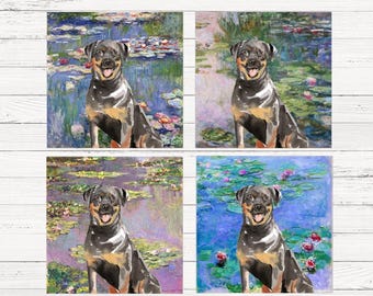 May include: Four square prints featuring a Rottweiler dog in a water lily pond setting. The dog is black and tan, with a happy expression. The backgrounds vary in color, with shades of blue, green, and purple.