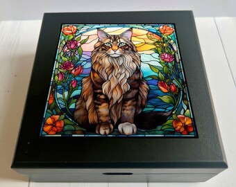 Maine Coon Cat Keepsake Box, Faux Stained Glass Jewelry Box, Cat Lover Gift, Pet Memorial Gift